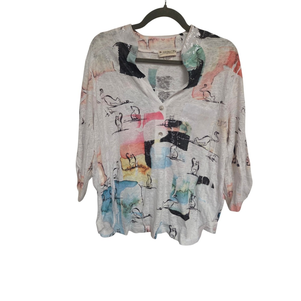 Y2K Impulse California Cat Print Sequin Lightweight Top L Artsy Boho